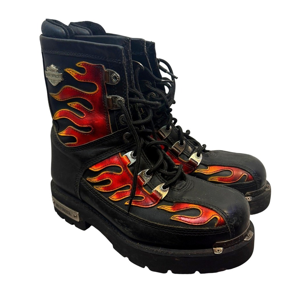 RARE‎ Harley Davidson Mens Black Leather Flame Boots Motorcycle Biker Size 8m